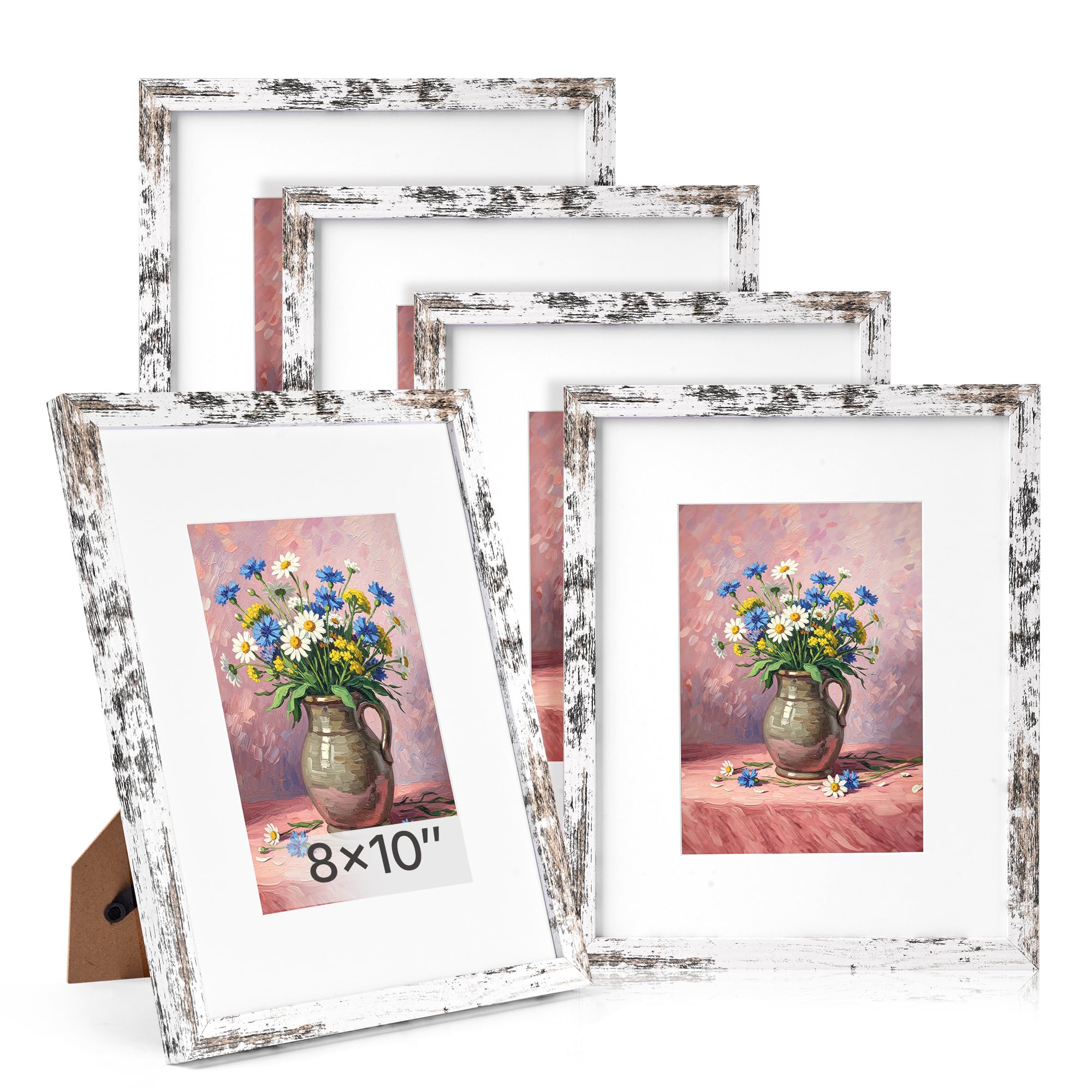 Distressed White 8x10 Picture Frame, Picture Frames 8x10 Wooden Picture Frames with Real Glass, Rustic 8 x 10 Photo Frame for Wall or Tabletop, Display Picture 5x7 with Mat or 8x 10 Without Mat (5 Pack)