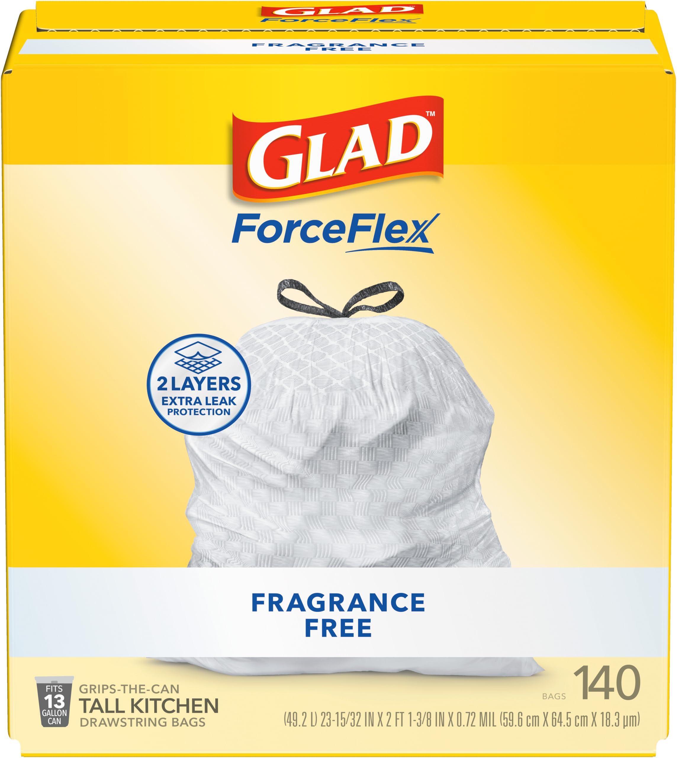 Glad ForceFlex Tall Kitchen Drawstring Trash Bags, 13 Gal, Fragrance Free, 140 Ct (Package May Vary) Image