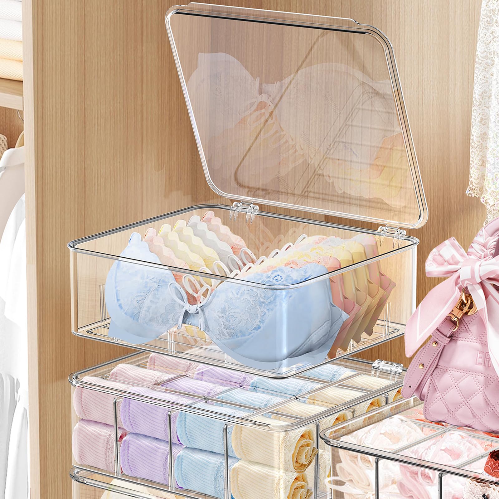 Photo 1 of DILIBRA 2pcs Socks Bra Underwear Organizer for Closet, 16 Compartment Removable Divided Plastic Sock Storage Box with Lid, Clear Dresser Drawer Organizer Storage Container for Bra Socks Ties Scarf
