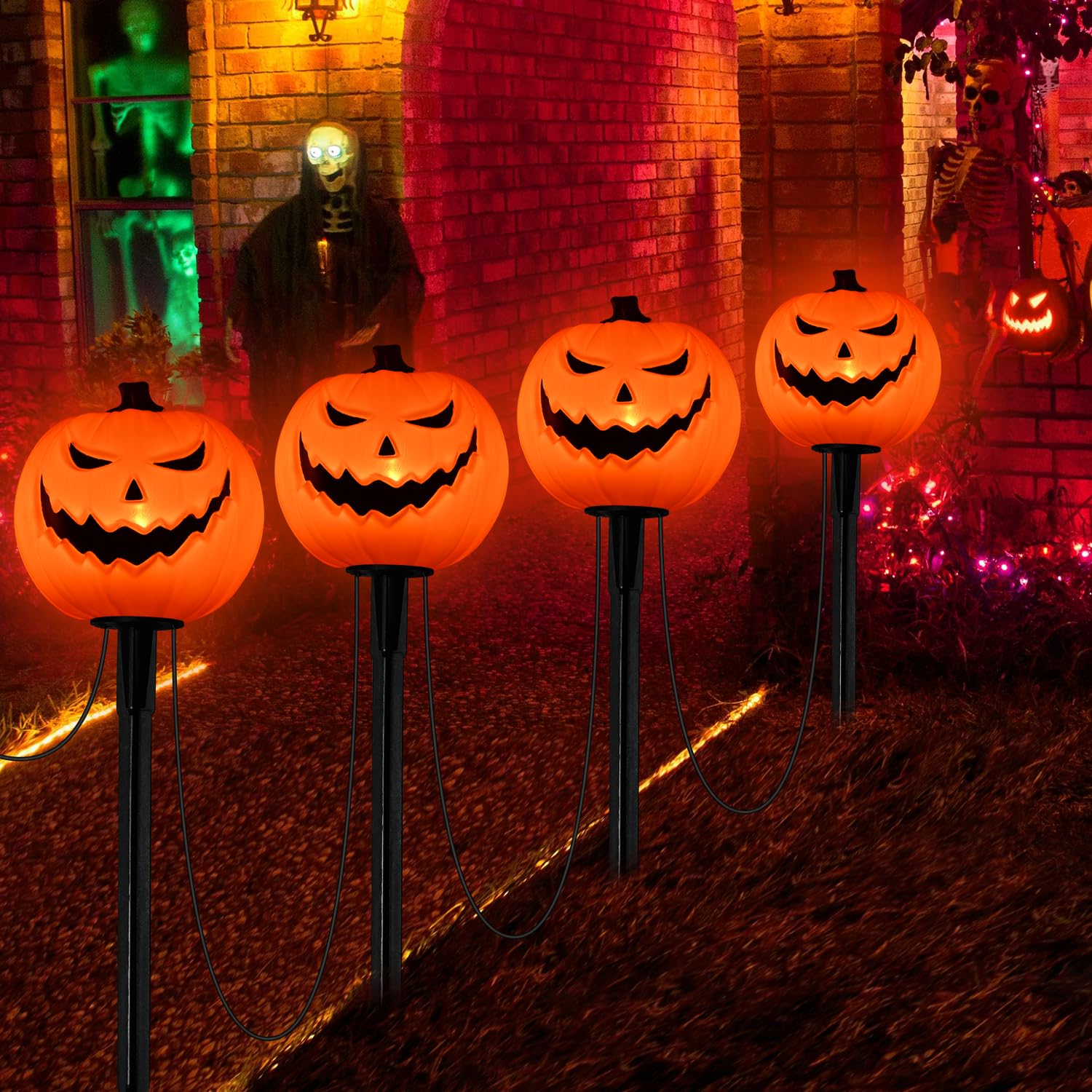 Photo 1 of Halloween Decorations Outdoor Pumpkin Pathway Lights, 7Ft Halloween Path Lights with 4 Pumpkin Stakes Lights and 5 C7 LED Light Blubs (1 Spare) for Halloweens Party Lawn Walkway Lighting and Decor