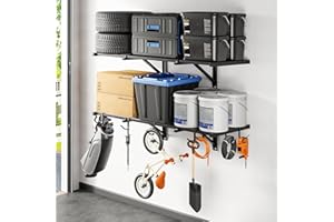 FLEXIMOUNTS 2x4ft Heavy Duty Garage Wall Shelving, 2-Pack Garage Shelving Wall Mounted with 8 Hooks, 400lbs Capacity, Storage for Power Tools, Garden Supplies, Storage Bins, Lite Series
