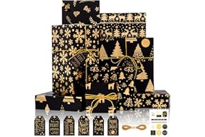 Larcenciel Christmas Wrapping Paper Set, Metallic Black and Gold Holiday Gift Wrapping Paper, Christmas Tree Snowflake Deer G