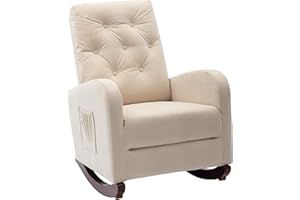 BOSTANA Rocking Chair Nursery,Upholstered Velvet Glider Chair with High Backrest & Rubber Wood Legs & Side Pocket,Rocker Armchair for Livingroom,Bedroom,Lounge,Babyroom