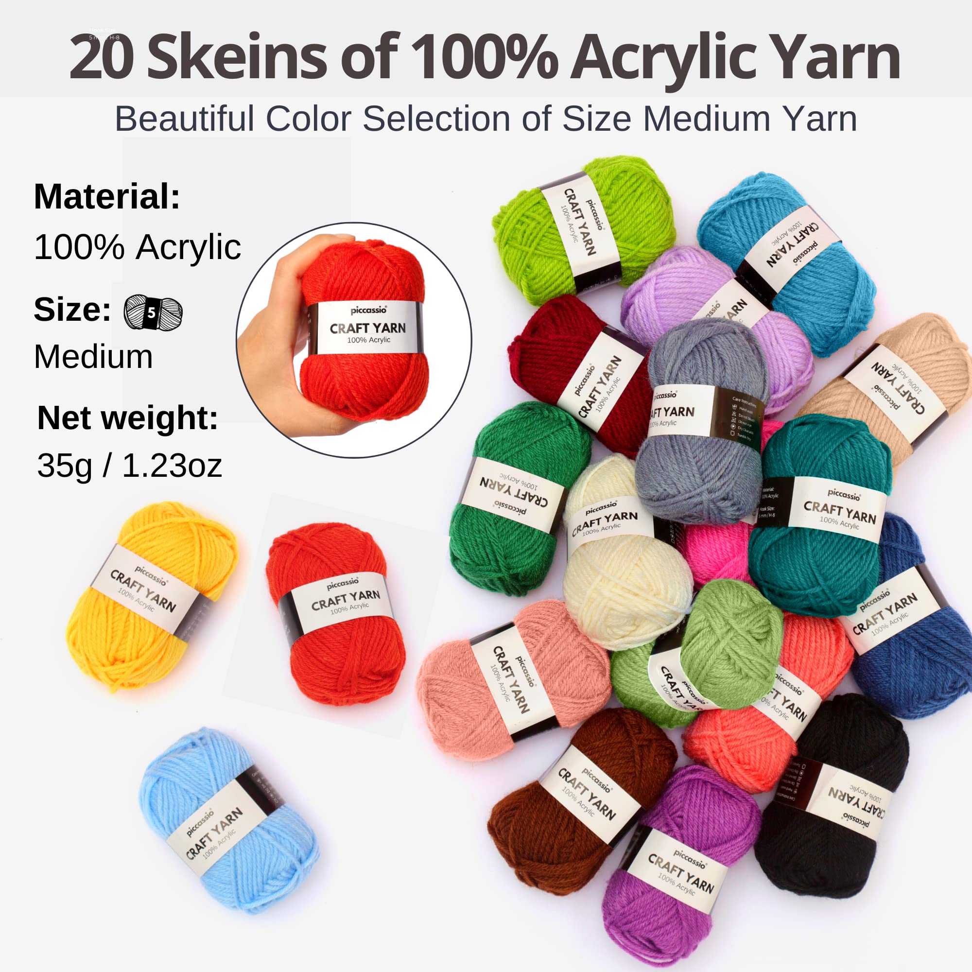 Piccassio Crochet Kit for Beginners Adults and Kids – Your Complete Starter Set to Make Amigurumi and Other Projects – Includes 20 Colors Yarn, Hooks, Book, and Bag