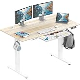 SHW 55 x 28 Electric Height Adjustable Standing Desk w/Drawer, Maple | w/ Memory Presets and Cable Management | Drawer with adjustable compartments | Hanging Hooks