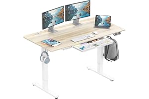 SHW 55 x 28 Inches Electric Height Adjustable Standing Desk with Drawer and Memory Preset, Maple