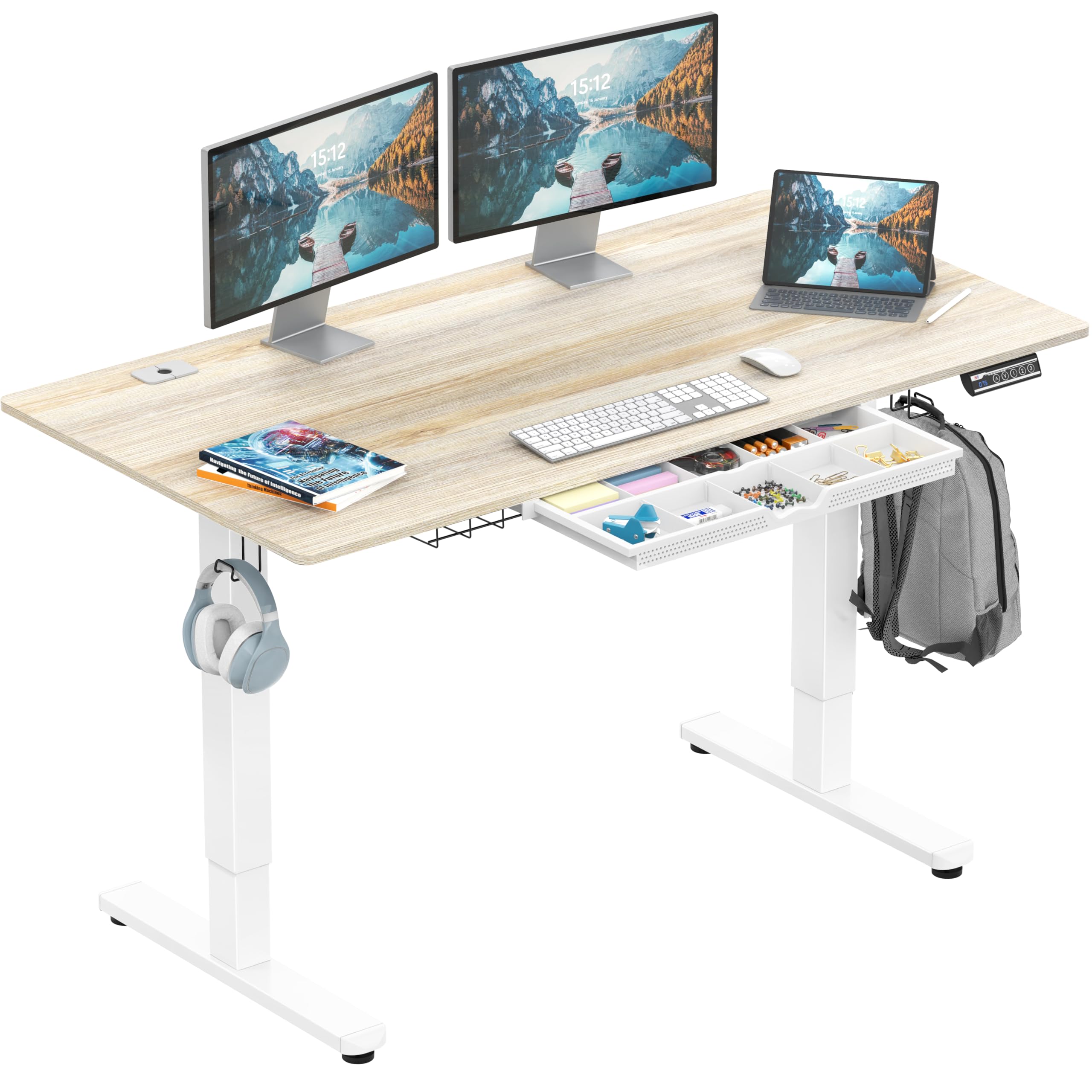 Photo 1 of SHW 55 x 28 Inches Electric Height Adjustable Standing Desk with Drawer and Memory Preset, Maple