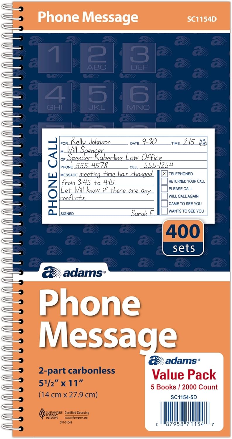 Adams Message Book/Phone Call, Carbonless Duplicate, 5.50 x 11 Inches, 400 Sets per Book (SC1154D), White/Canary (SC1154-5D)