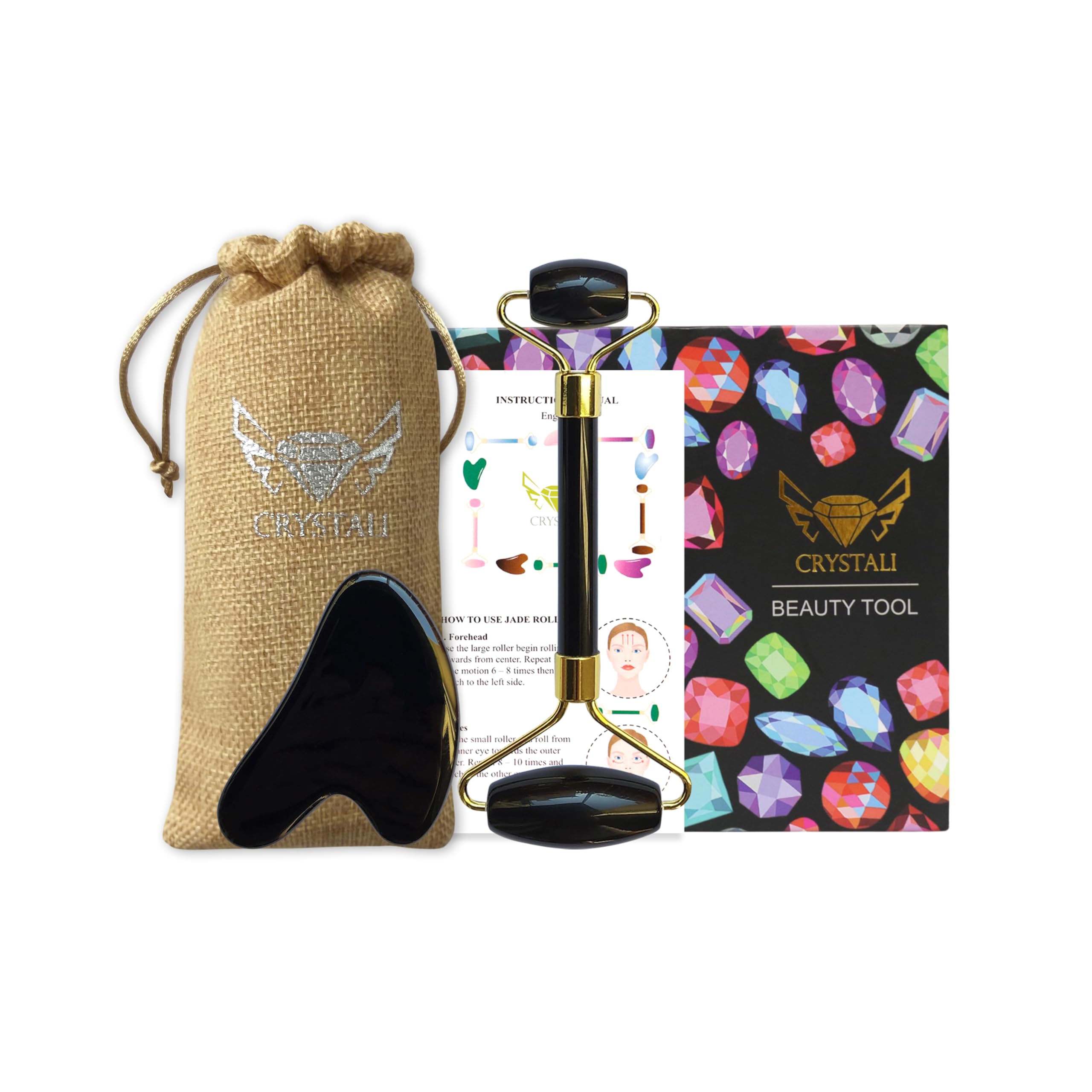 Crystali Gua Sha Set - Anti-Ageing Face Massage Roller and Scraper - Healthy, Beautiful, Young Skin - Black Obsidian from Madagascar