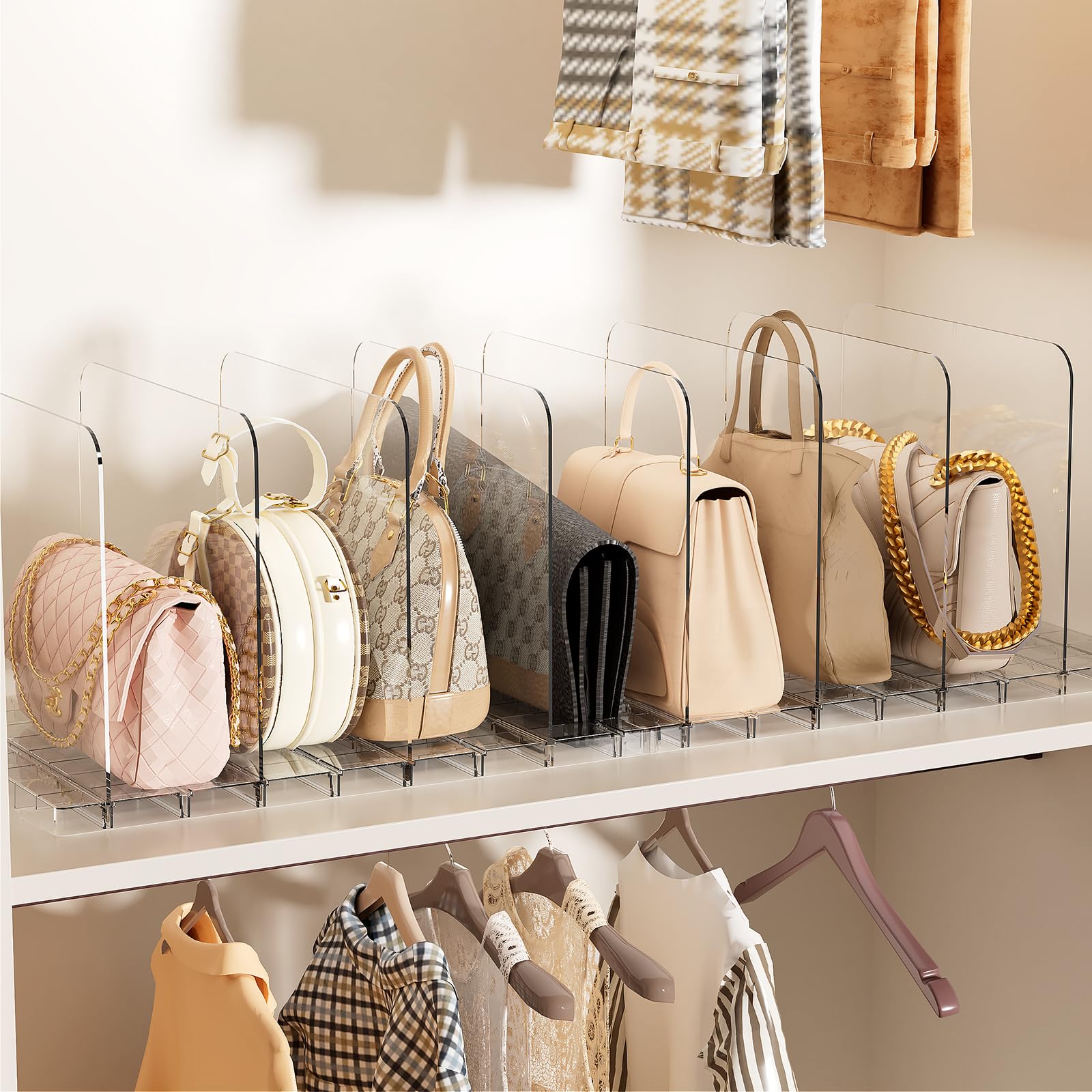 Photo 1 of JOYZAN Purse Organizer for Closet, Adjustable Closet Purse Organizer, Clear Acrylic Shelf Dividers, Detachable Handbag Storage Separator Dividers for Home, Office - 2 Pack