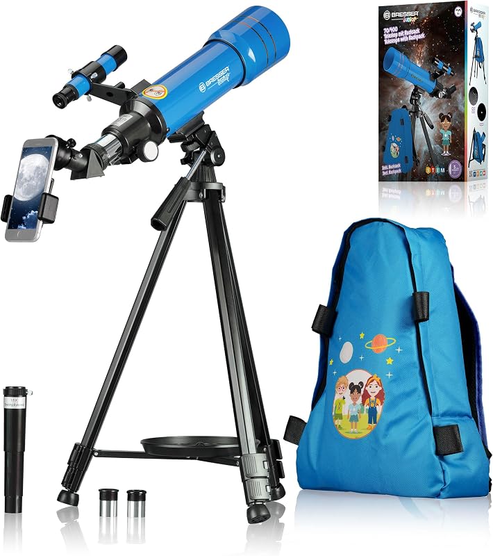 Bresser junior 70/400 - telescópio para crianças a partir de 8 anos, iniciantes em astronomia, telescópio com mochila, acessórios e suporte para smartphone, céu noturno azul