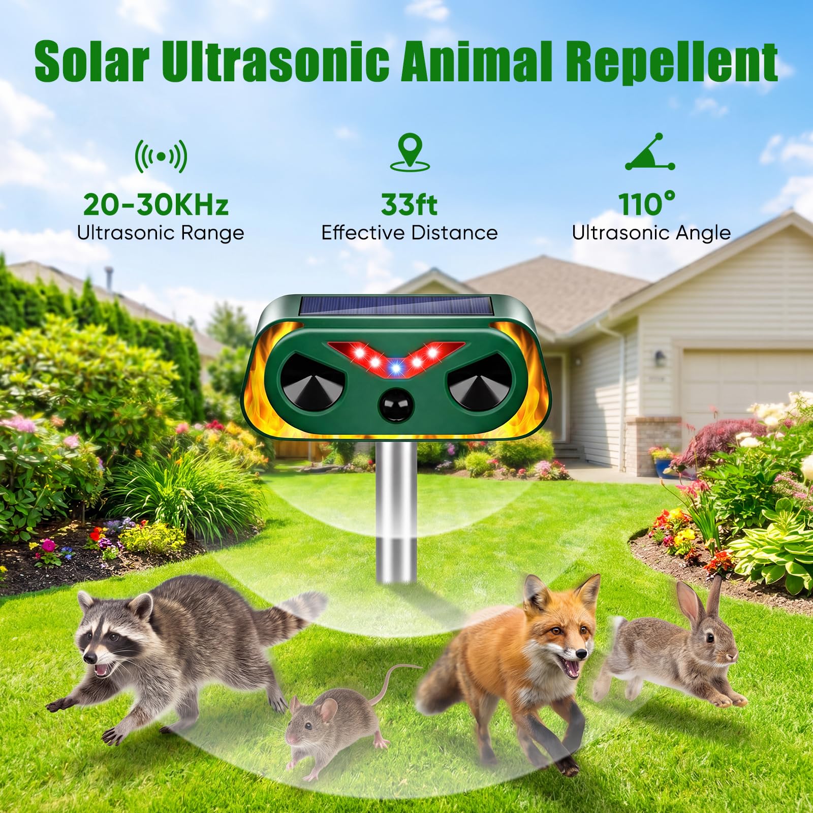 Condition photo showing New/Like New for 2026 upgraded solar ultrasonic animal repellent outdoor, waterproof deer cat dog squirrel raccoon ra