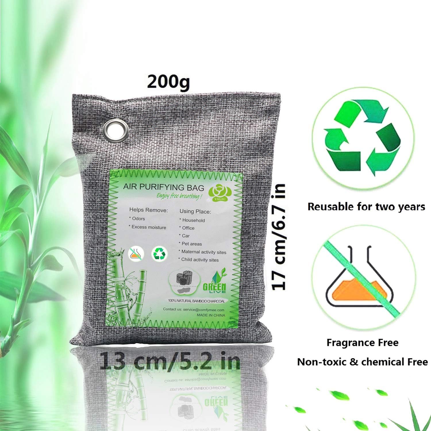 Activated Bamboo Charcoal Bags, Natural Air Purifying Fresheners, Moisture Remove for Home, Car, Closet, Bathroom (8 x 200g): Kitchen & Dining