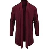 COOFANDY Mens Knit Cable Cardigan Thermal Long Ruffle Ribbed Open Sweater Long Length Drape Cape Overcoat with Pockets Wine Red