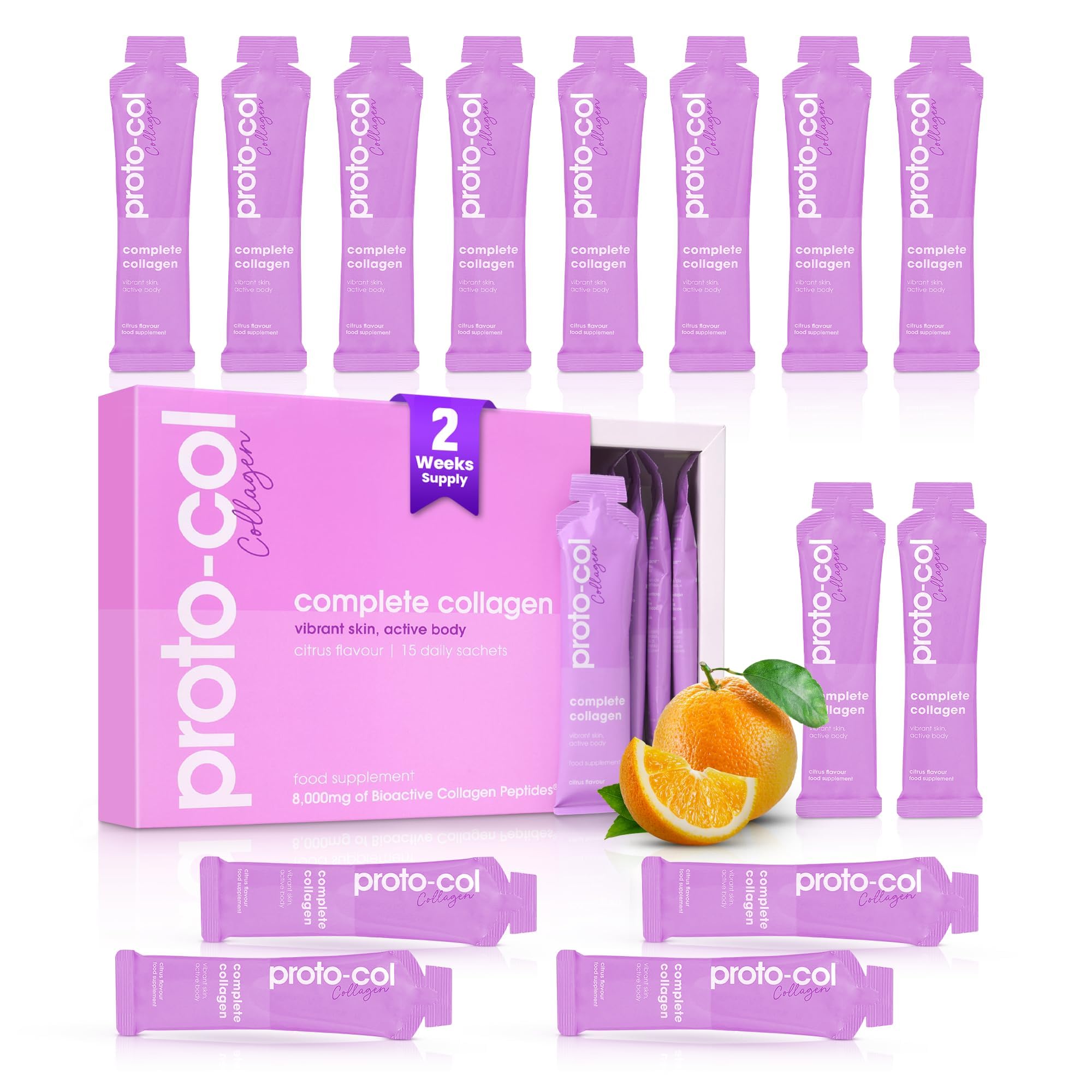Proto-Col Complete Collagen Sachets - Citrus Flavour, 8,000mg Hydrolysed Collagen with VERISOL B Type I & TENDOFORTE® Type II - Supports Skin, Ligaments, Tendons & Joints - 15 Sachets