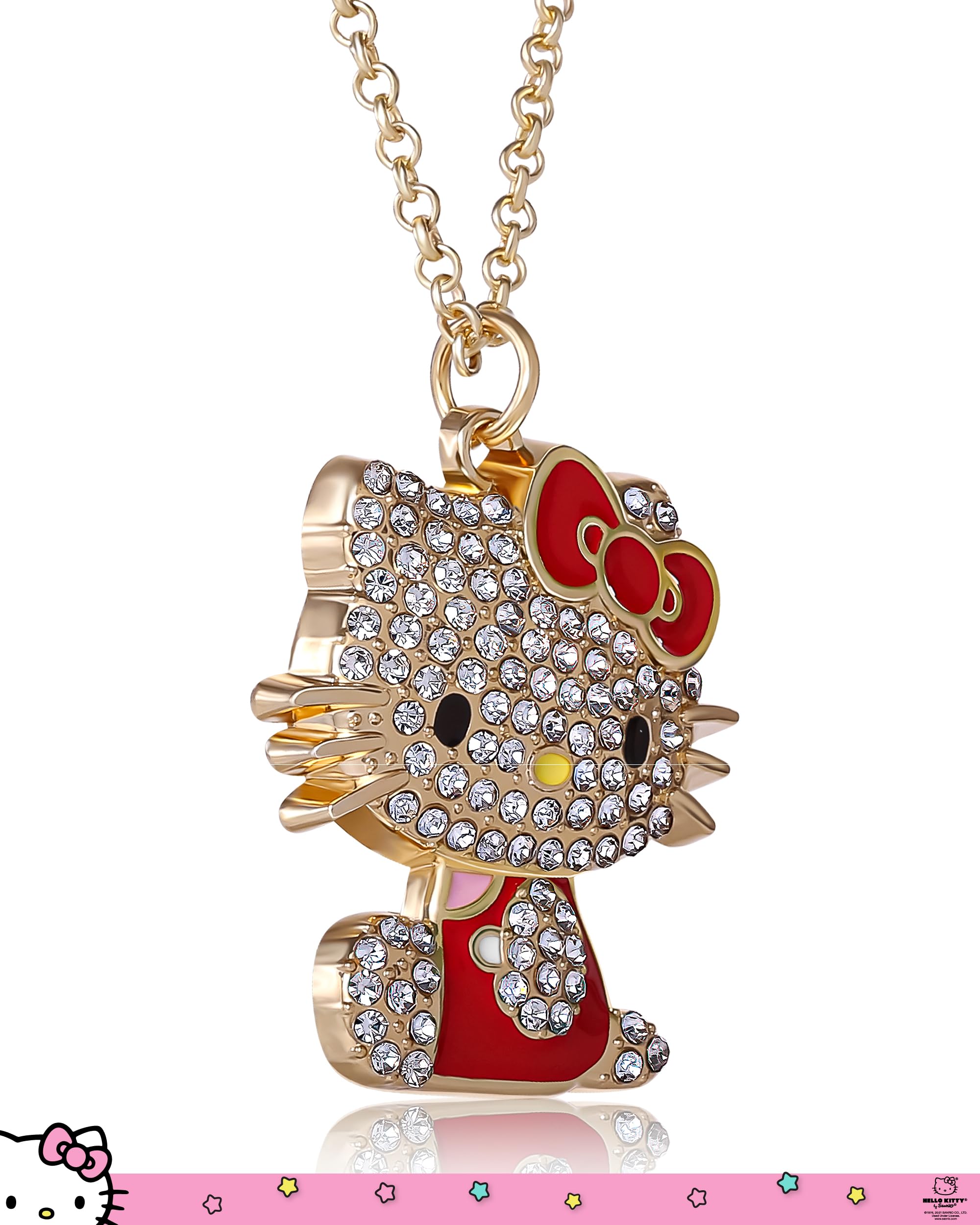 SALLY ROSE Hello Kitty Red Enamel and Pave Crystal Pendant Necklace Official License, Gold-Tone 16+3 Hello Kitty Necklace, Sanrio Gifts