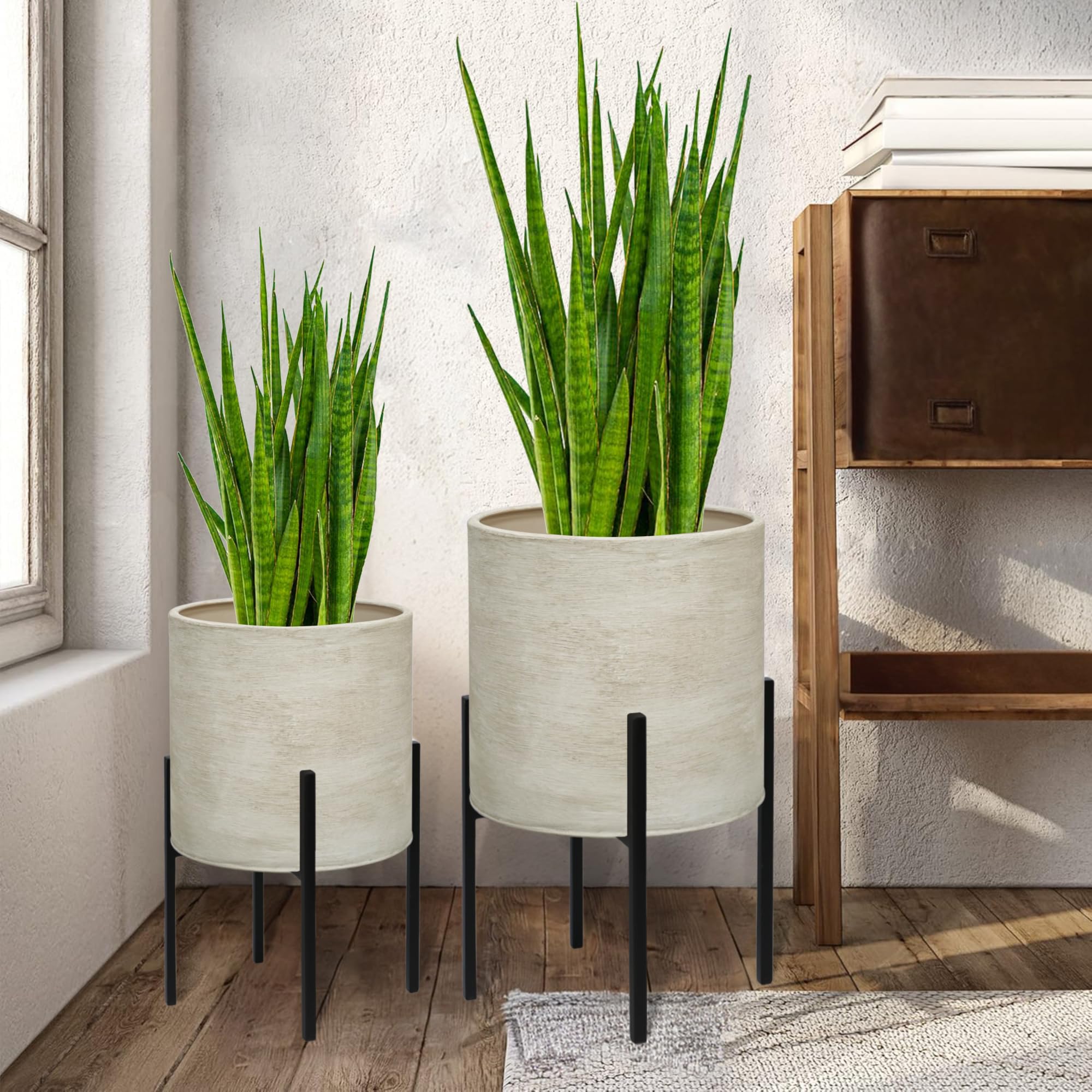 Photo 1 of **similar**ARNIS Modern Plant Pots, Large Planters with Stand, Set of 2 Decorative Planters, Metal Pots with Drainage Holes for Living Room, Office, Garden or Balcony, 10.5 &12.55 Inch, Dirt