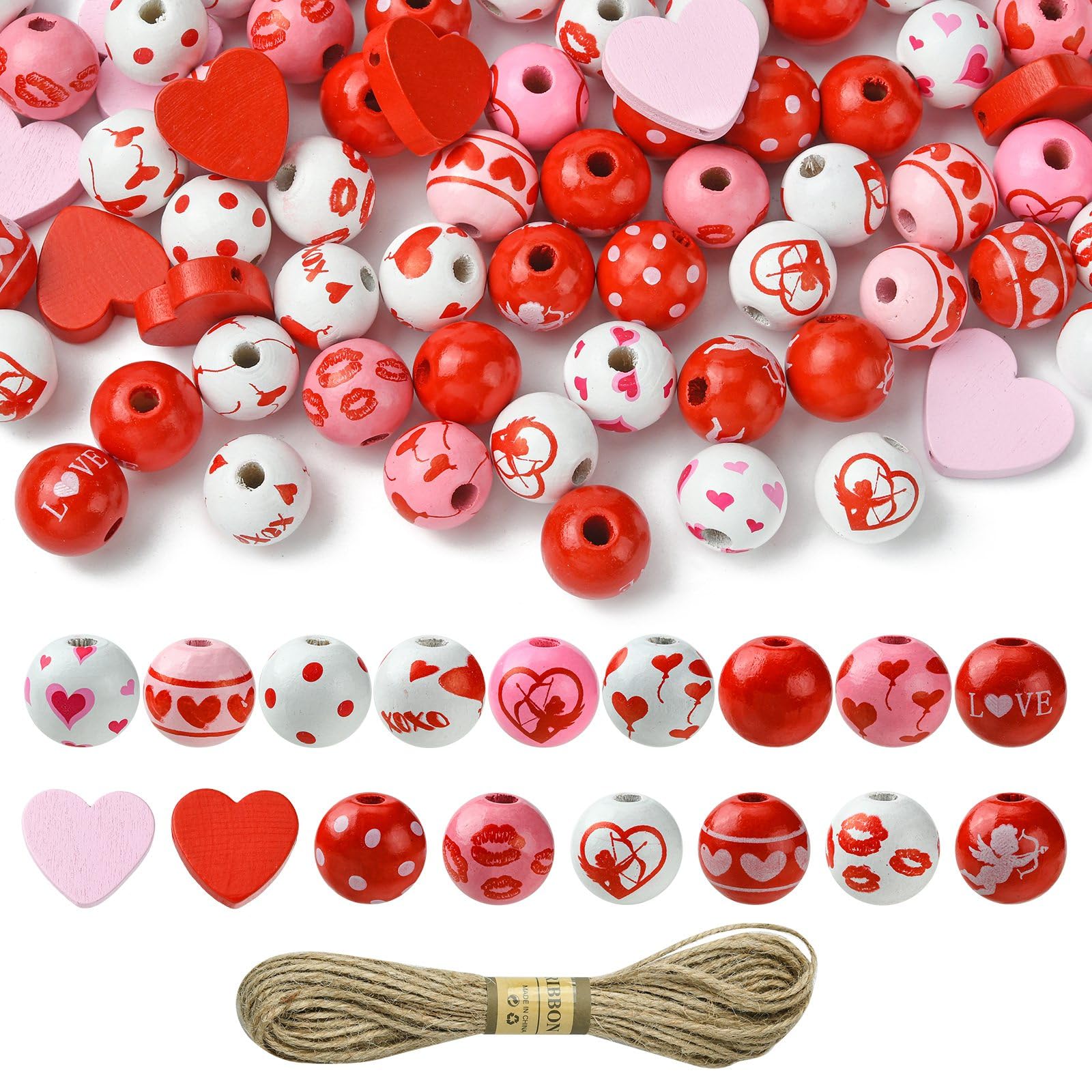 Stiesy 120Pcs Valentines Theme Wooden Beads Wood 16mm Round Beads Red Love Heart Polka Dot Spacer Beads Set for Jewellery Making DIY Bracelet Crafting