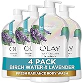 Olay Body Wash for Women, Fresh Radiance, Refreshing & Renewing, Made with Plant Based Cleansers, B3 Botanical Complex, For All Skin Types, Birch Water & Lavender Scent, 33 fl oz (Pack of 4)