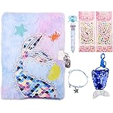 Cute Notepad Cartoon Notebook, Plush Diary with Lock and Keys Journals for Study Notes Fun Writing Drawing Scratch Pads for Girls Boys Kids and Teacher 160 Pages (Purple Blue Fish)