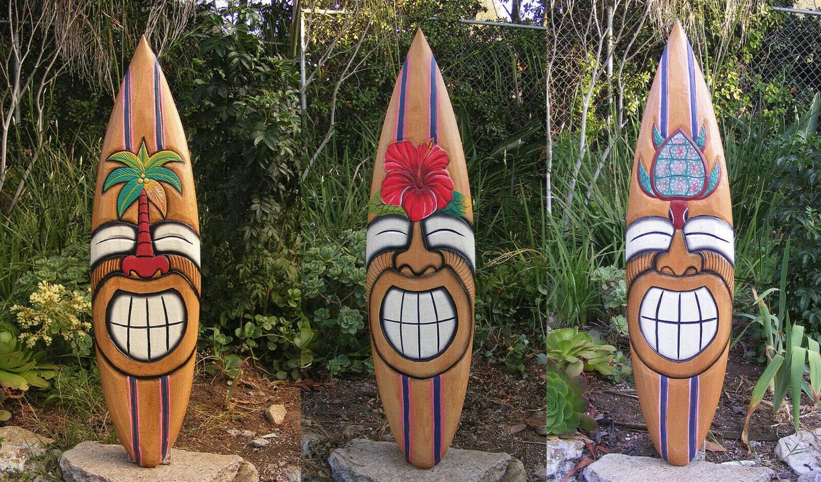 Tribal Wooden Tiki Surfboard Mask Package Set of 3- Patio Tropical Bar Decor 39"