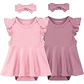 2 Pack Baby Girl Bodysuit Flutter Sleeves Dress, Cute Ruffle Romper Outfit with Headband, Newborn Infant Pajamas 0-12 Months