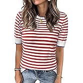 Womens Tops Summer Short Sleeve Shirts Striped Sweater Cute Casual Top Trendy Women Clothing Crewneck Knit Blouses