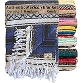Del Mex Classic Mexican Blanket, Large Authentic Woven Falsa Throw (70"x50"), Artisan Southwest Décor for Beach, Yoga, Outdoors (Blue)