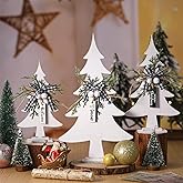 Geetery 3 Pcs Wooden Christmas Trees Table Decor Wood Tabletop Decors Handmade Rustic Decorative Trees with Pine Needle Bell Bow Wood Christmas Trees Centerpiece for Xmas Winter Holiday