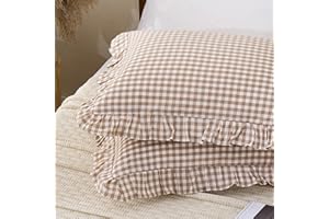 YHJWW Tan Gingham Ruffle Pillow Cases 100% Washed Cotton Like Linen Feel Soft Comfy Standard Size Plaid Checkered Cute Fall Bedding Pillow Cover Shams Set of 2 Pack (20x26 Inches, Envelope Closure)