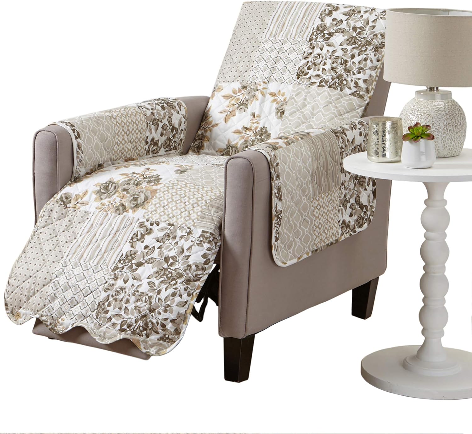 Slipcovers - Great Bay Home Patchwork Scalloped Printed Furniture Protector Stain Resistant Recliner Cover (Recliner, Taupe)