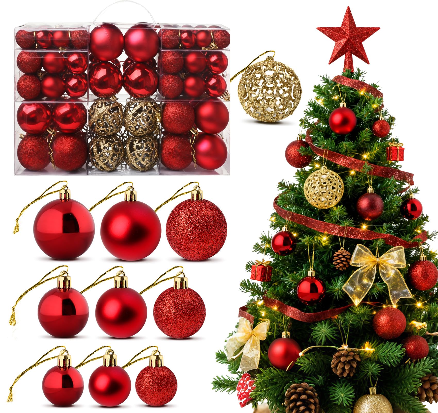 ilauke 100pcs Christmas Baubles Shatterproof Balls Christmas Tree Decoration Ornaments for Xmas Hanging Decorations (Red & Gold)