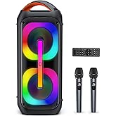 Karaoke Machine with 2 Wireless Microphones, 【Dual 60W 6.5"Subwoofer & 400W Peak】Big Loud Bluetooth Party Speaker with Disco Lights, Portable PA System with TWS Stereo Sound & Deep Bass, Gift for All