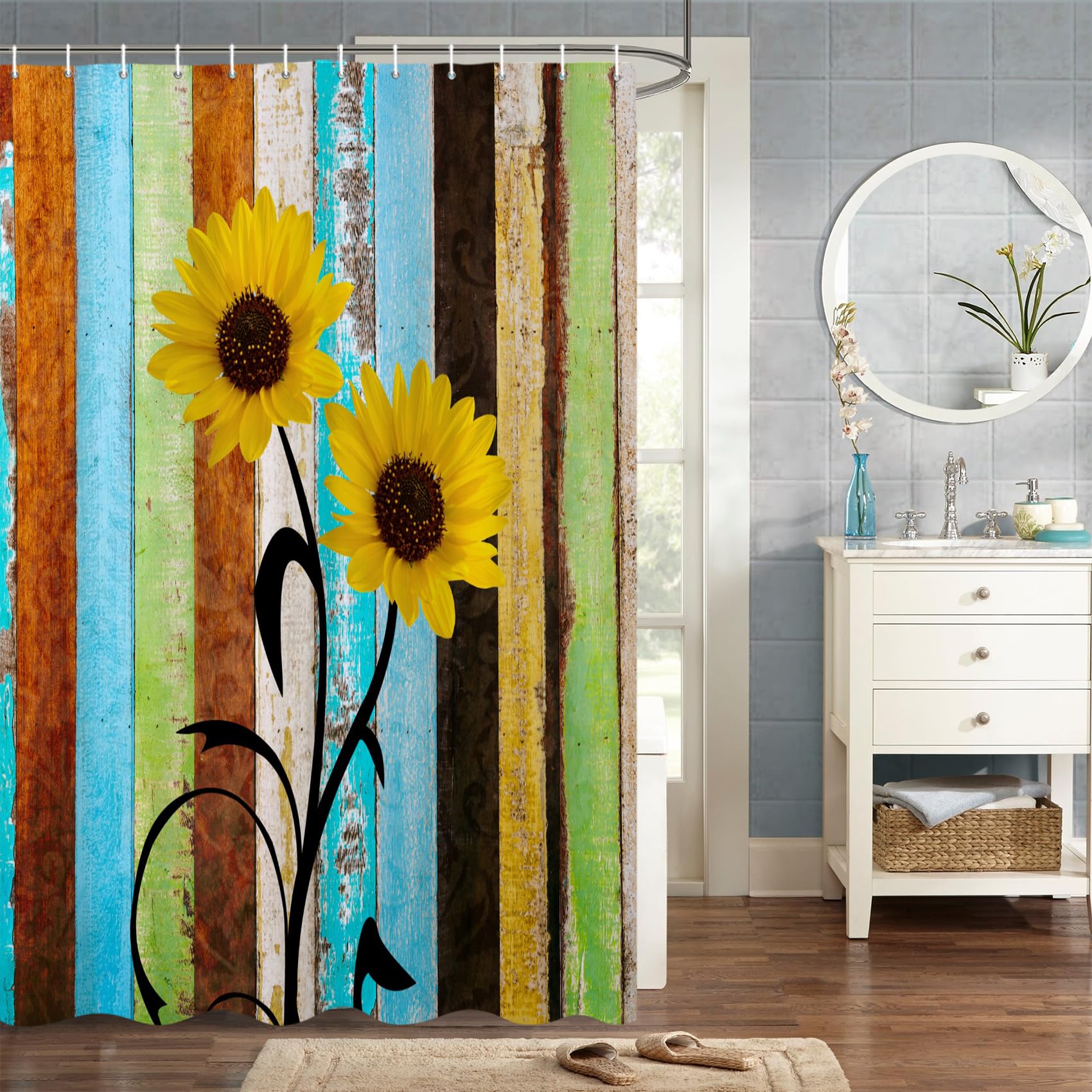 MIRRORANG 105x160cm Rustic Sunflower Shower Curtain Teal Wooden Board Farmhouse Country Shower Curtain for Bathroom Waterproof Polyester Fabric Set with Hooks