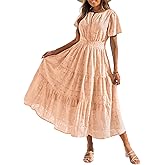Benfoly Summer Flowy Maxi Dresses for Women 2026 Spring Vacation Eyelet Lace Short Sleeve Wedding Guest Casual Boho Dresses