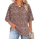 LOMON Womens Plus Size Tops Summer 3/4 Length Sleeve Crewneck Blouses Dressy Casual Loose Curvy Flowy Tunic Shirts 1X-5X