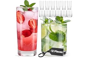 MIAMIO - Drinking Glasses Set of 12/6 x Small 370 ml and 6X Big 450 ml Glass Cups for Water, Cocktails, Tea and Beer - Dishwa