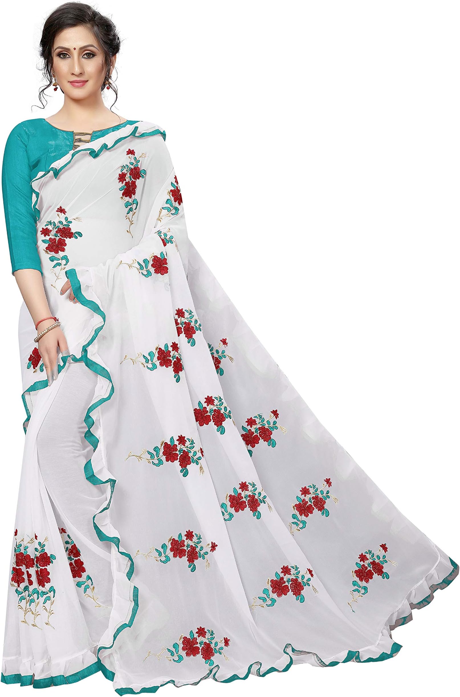 Women's Embroidered Ruffle Georgette Saree with Blouse Piece