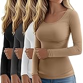 Ficerd 4 Pack Women's Long Sleeve T Shirts Scoop Neck Basic Tight Slim Fit Tops Casual Fashion Tee Shirts