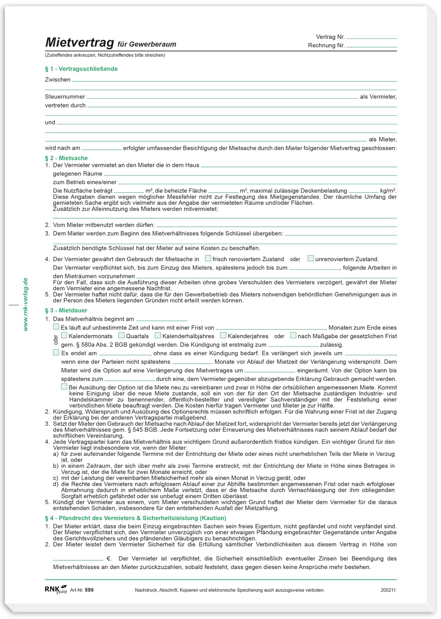 RNK 598/10 - Rental Agreement for Commercial Premises, 6 Pages, DIN A4, 10 Contracts