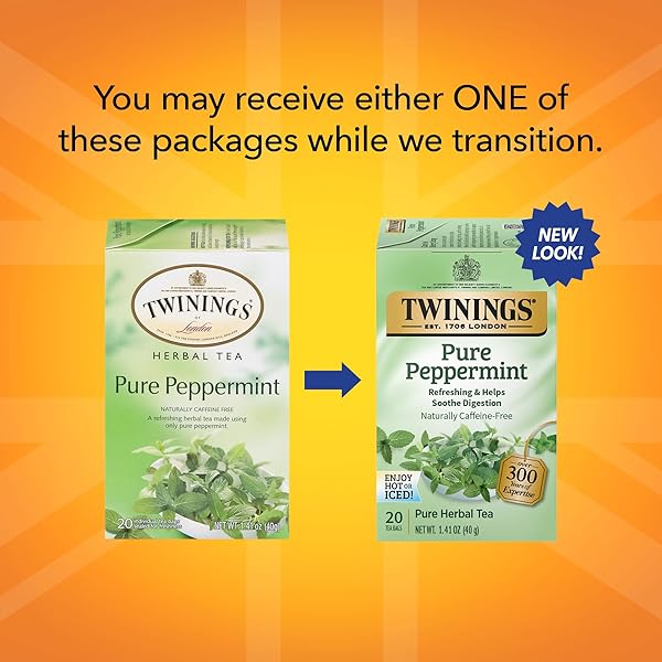 TWININGS PURE PEPPERMINT HERBAL TEA INDIVIDUALLY WRAPPED BAGS, 20 COUNT (PACK OF 1), FRESH MINTY FLAVOUR, NATURALLY CAFFEINE-FREE, ENJOY HOT OR ICED | PACKAGING MAY VARY
