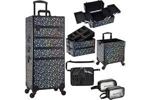 Stagiant Rolling Makeup Case 4 in 1 Cosmetology Case on Wheels Makeup Travel Case with Brush Waist Bag Key Swivel Wheels Salon Barber Case Traveling Cart Trunk Cosmetic Trolley Balck Star
