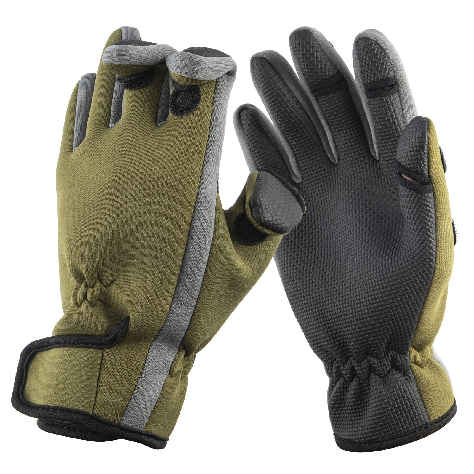 Dr.Fish Fishing Gloves Size XL with 3 Fingerless Gloves Dark Green Waterproof Fabric, Anti-Slip, Wind-Blocking, Breathable and Keep Warm in Fishing, Cycling, Winter Outdoor Sport