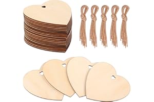POJAH 50pcs Wooden Hearts for Crafts,3" Wood Ornaments Unfinished Predrilled DIY Wooden Slices Embellishments for Valentine's Day, Wedding, Thanksgiving