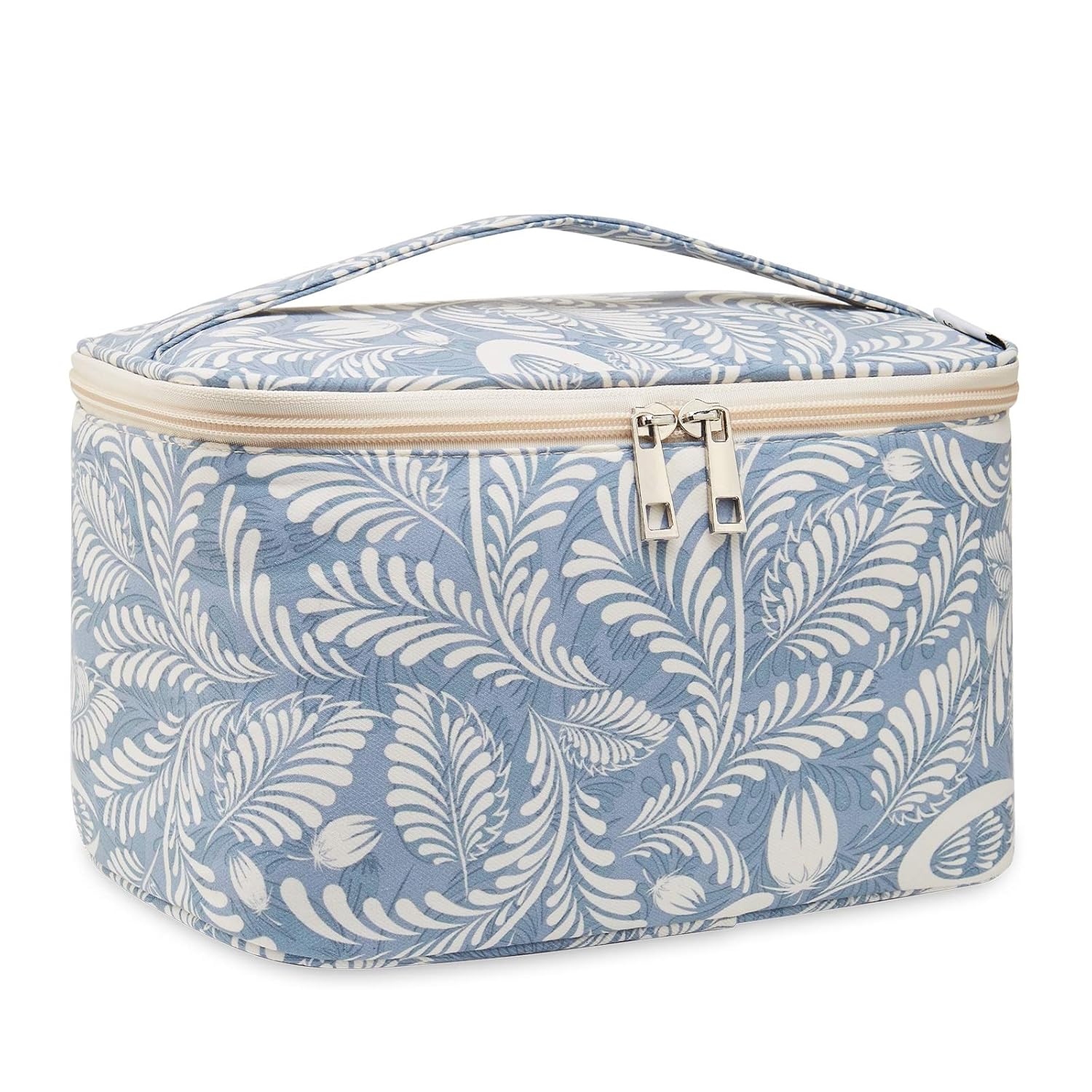 Travel Makeup Bag Large Cosmetic Bag Make up Case Organizer for Women and Girls (Large, Blue Leaf) : Beauty