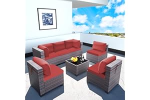 Gotland 7 Piece Outdoor Patio Furniture Sets All-Weather Outdoor Sectional Furniture PE Wicker Patio Sofa Backyard Deck Couch Conversation Chair Set with Coffee Table & 6 Thickened Cushions (Red)