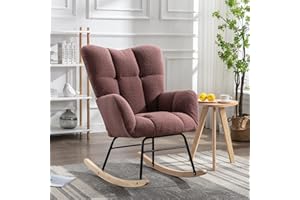 FOXHUNTER Rocking Chair Nursery Teddy Upholstered Glider Rocker High Backrest Nursery Rocker Comfortable Stylish Accent Armchair for Living Rooms Bedrooms Offices (Teddy Red)