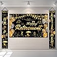 Happy Retirement 2024 Party Decorations Large Black Gold Happy Retirement Banner Porch Sign Backdrops Party Decor Supplies Photography Background for Women Men 3 Pcs
