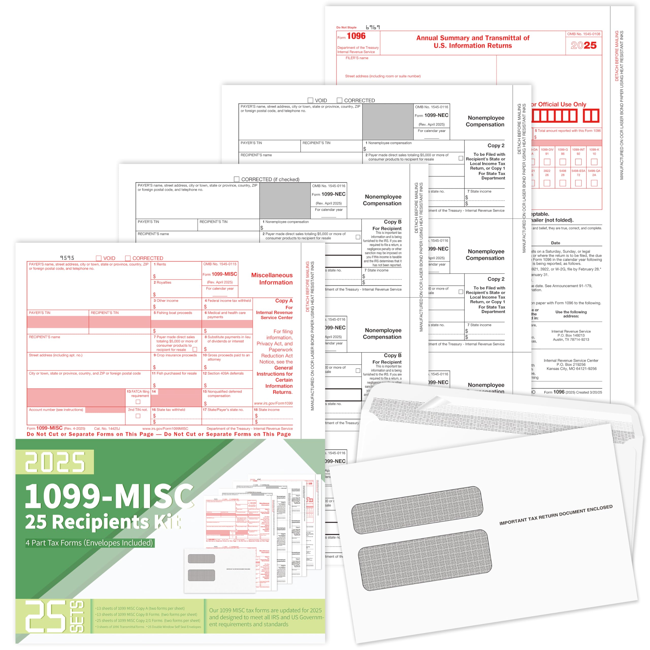 Photo 1 of 1099 MISC Forms 2025,1099 MISC Forms 2025 with Envelopes,Vendor Kit of 25 Laser Forms,1099 MISC Tax Forms,4 Part Tax Forms Kit,25 Self Seal Envelopes with 3 1096 Included