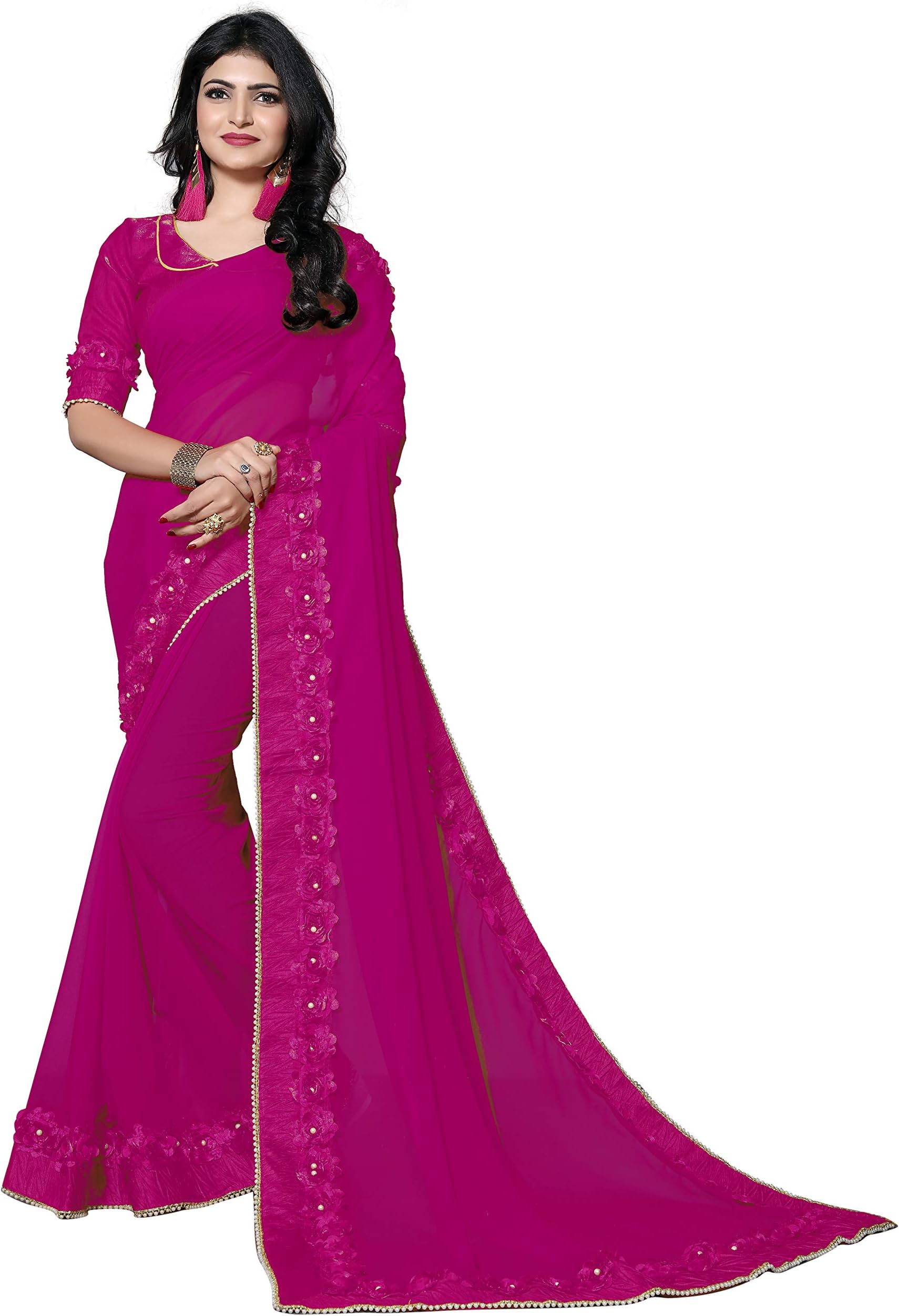Fab Dadu Women's Georgette Ribbin Gotta Patti Embroidered Saree With Blouse Piece (Gotta_Patti-Free Size)
